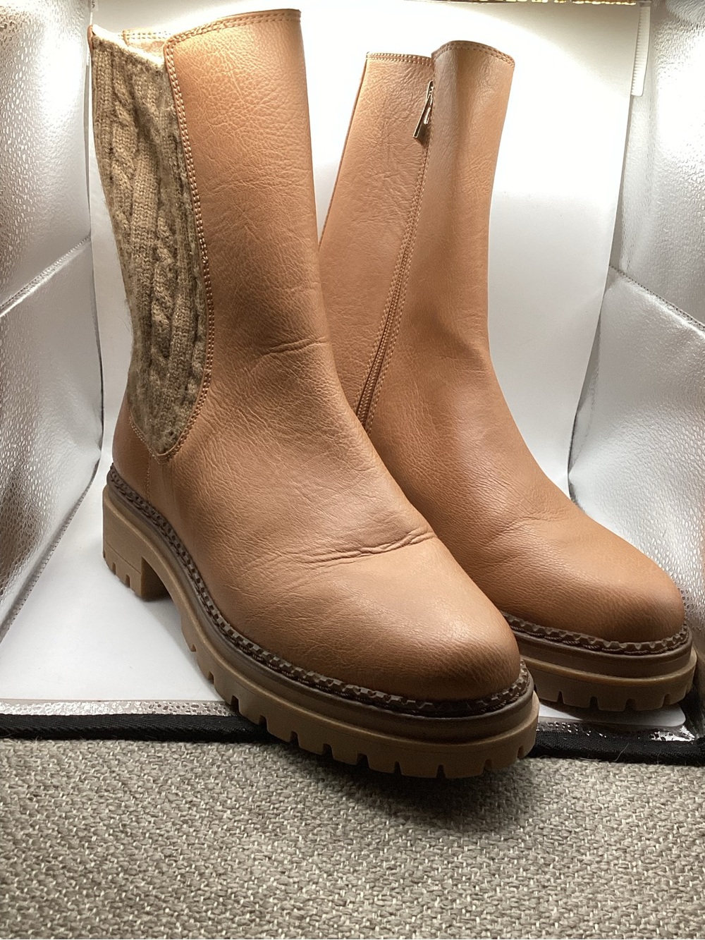 Sam & Libby Tan Chunky Lug Sole Ankle Boots with Knit Panel